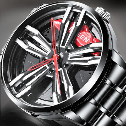 FNGEEN L001 Motorcycle Element Rotating Hub Metal Men Watch(Black Leather White Steel Red Surface)-garmade.com