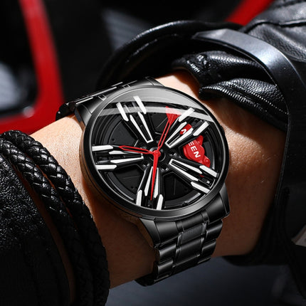 FNGEEN L001 Motorcycle Element Rotating Hub Metal Men Watch(Black Leather White Steel Red Surface)-garmade.com