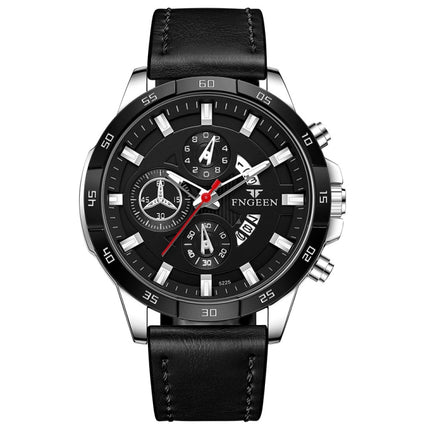 FNGEEN 5225 Multifunctional Waterproof Quartz Watch, Color: Black Leather White Shell Black Surface-garmade.com