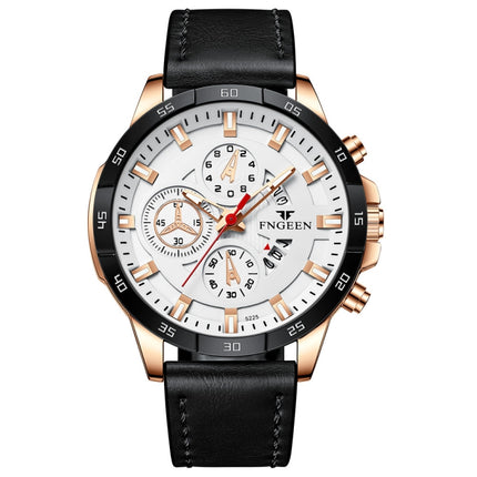 FNGEEN 5225 Multifunctional Waterproof Quartz Watch, Color: Black Leather Rose Shell White Surface-garmade.com