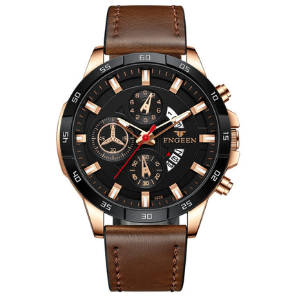 FNGEEN 5225 Multifunctional Waterproof Quartz Watch, Color: Brown Leather Rose Shell Black Surface-garmade.com