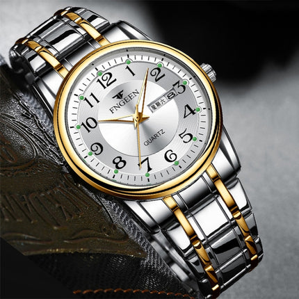 FNGEEN 7888 Large Digital Dial Quartz Steel Band Watch(Gold White Surface)-garmade.com