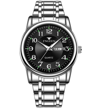 FNGEEN 7888 Large Digital Dial Quartz Steel Band Watch(White Steel Black Surface)-garmade.com