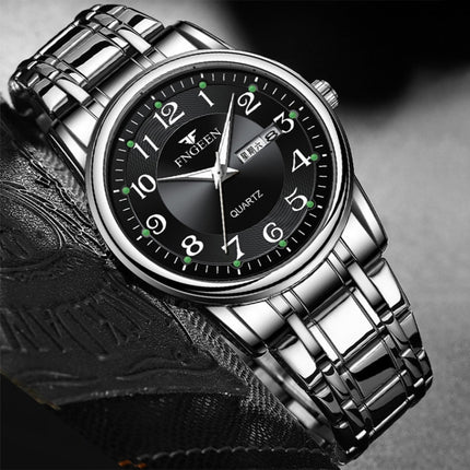FNGEEN 7888 Large Digital Dial Quartz Steel Band Watch(White Steel Black Surface)-garmade.com
