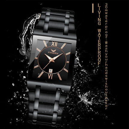 FNGEEN 3627 Waterproof Calendar Men Square Watch(Black Belt Gold Shell Black Surface)-garmade.com