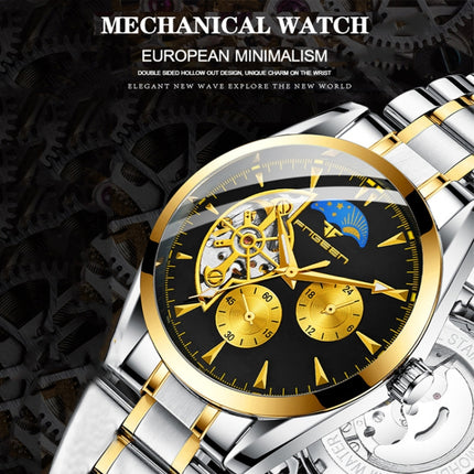FNGEEN 8832-1 Six-hand Skeleton Automatic Mechanical Watch(Gold Belt Yellow Surface)-garmade.com