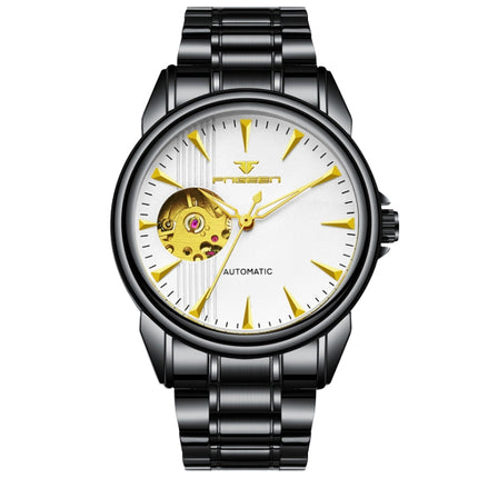 FNGEEN 8813 Multifunction Automatic Men Mechanical Watch(Black-gold White Surface)-garmade.com