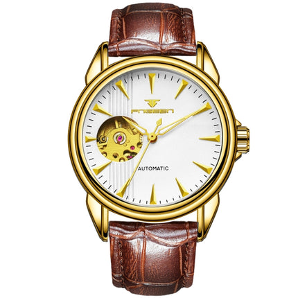 FNGEEN 8813 Multifunction Automatic Men Mechanical Watch(Brown Leather Gold White Surface)-garmade.com