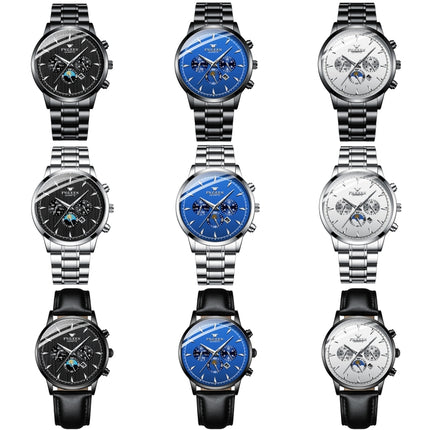 FNGEEN 5781 Multifunction Sports Waterproof Quartz Watch(Black Leather Black Steel Blue Surface)-garmade.com