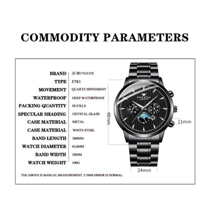 FNGEEN 5781 Multifunction Sports Waterproof Quartz Watch(Black Steel Blue Surface)-garmade.com