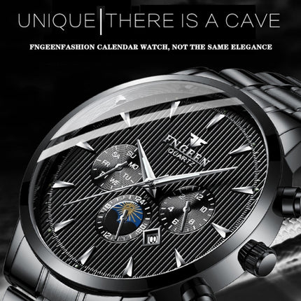 FNGEEN 5781 Multifunction Sports Waterproof Quartz Watch(White Steel Black Surface)-garmade.com