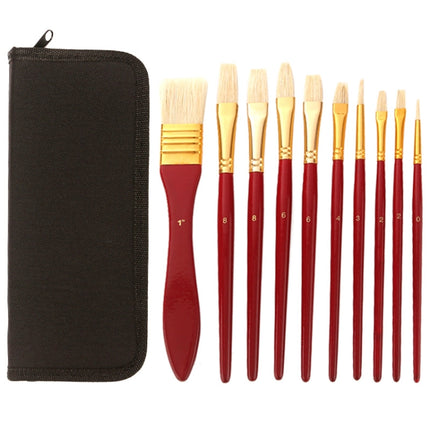 Zhu Ting 10PCS/Set Wooden Handle Bristle Oil Painting Gouache Set(Red Pole Black Bag)-garmade.com