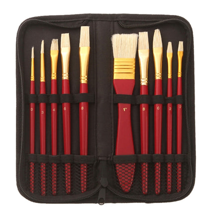 Zhu Ting 10PCS/Set Wooden Handle Bristle Oil Painting Gouache Set(Red Pole Black Bag)-garmade.com