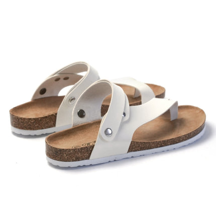 Men Summer Cork Flip Flops Beach Couple Leather Sandals, Size: 39(White)-garmade.com