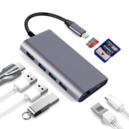 8 in 1 Type-c to HDMI+RJ45 Network Port+3USB3.0+PD Docking Station(Gray)-garmade.com