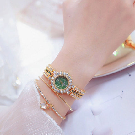 BS Bee Sister FA1580 Sparkling Full Diamond Watch Temperament Women Chain Watch(Golden Green)-garmade.com