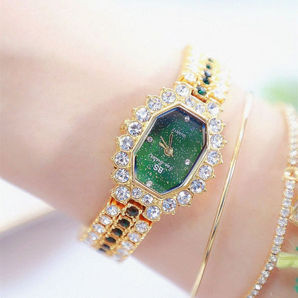 BS Bee Sister FA1581 Niche Glitter Full Diamond Women Watch(Golden Green)-garmade.com