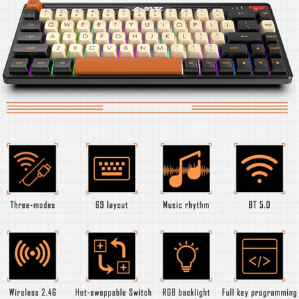 Ajazz K690T 69-key Wireless+Bluetooth+Wired Mechanical RGB Gaming Office Keyboard(Red Shaft)-garmade.com