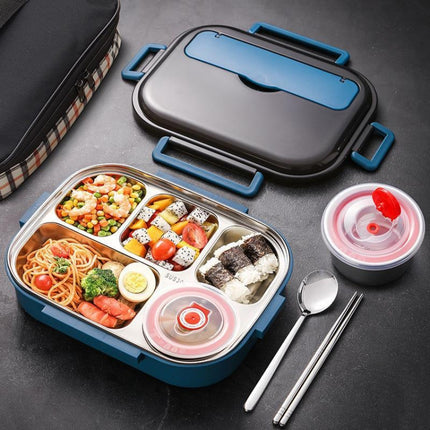 304 Stainless Steel Double-Layer Large-Capacity Portable Lunch Box, Color: Peacock Blue(Large 5 Grid)-garmade.com