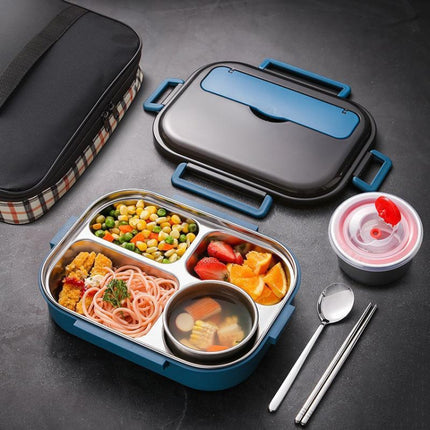 304 Stainless Steel Double-Layer Large-Capacity Portable Lunch Box, Color: Peacock Blue(Medium 4 Grid)-garmade.com
