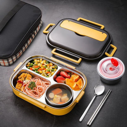 304 Stainless Steel Double-Layer Large-Capacity Portable Lunch Box, Color: Lemon Yellow(Medium 4 Grid)-garmade.com