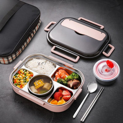 304 Stainless Steel Double-Layer Large-Capacity Portable Lunch Box, Color: Ink Pink(Medium 5 Grids)-garmade.com