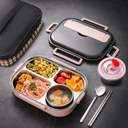 304 Stainless Steel Double-Layer Large-Capacity Portable Lunch Box, Color: Ink Pink(Medium 4 Grid)-garmade.com
