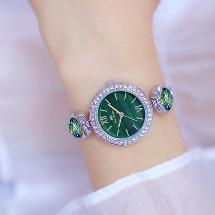 BS Bee Sister FA1649 Retro Malachite Small Green Watch Temperament Ladies Watch(Silver Green)-garmade.com