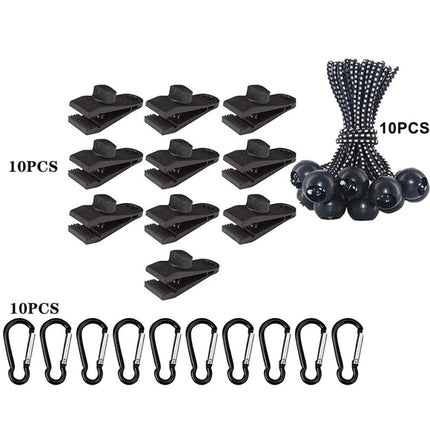 Windproof Canopy Fixed Tent Clip Rope Buckle Set 10 Clips+10 White Ropes+10 Black Buckles-garmade.com