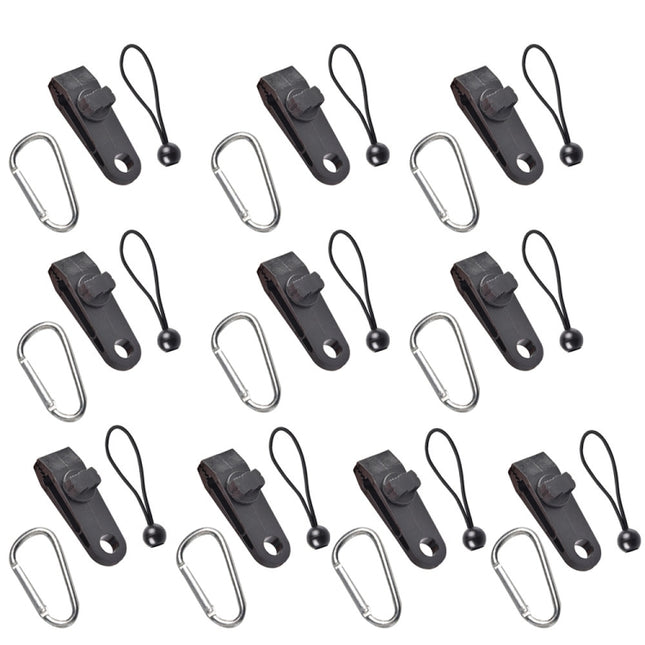 Windproof Canopy Fixed Tent Clip Rope Buckle Set 10 Clips+10 Black Ropes+10 Silver Fast Hangings-garmade.com