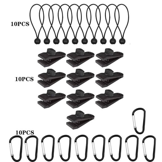 Windproof Canopy Fixed Tent Clip Rope Buckle Set 10 Clips+10 Black Ropes+10 Black Fast Hangings-garmade.com