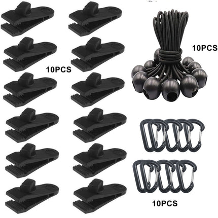 Windproof Canopy Fixed Tent Clip Rope Buckle Set 10 Clips+10 Black Ropes+10 Black PP Fast Hangings-garmade.com