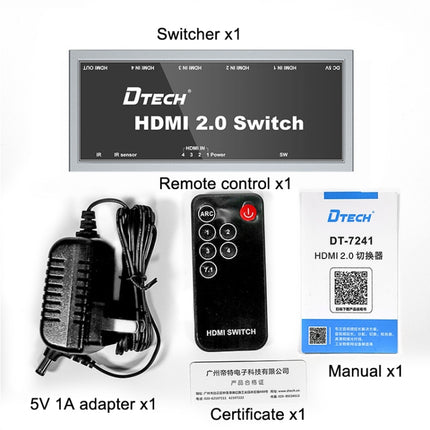 DTECH DT-7421 4K 60Hz 4 In 1 Out HD HDMI 2.0 Switch, CN Plug-garmade.com