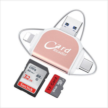 R015 USB2.0 & Micro USB+8Pin+Type-C 4 In 1 Card Reader Supports SD/TF Card(Rose Gold)-garmade.com