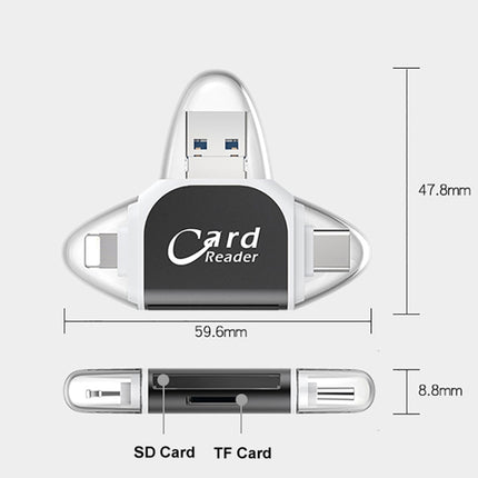 R015 USB2.0 & Micro USB+8Pin+Type-C 4 In 1 Card Reader Supports SD/TF Card(Black)-garmade.com