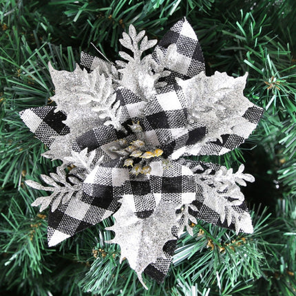 Gold Powder Plaid Christmas Flower Christmas Tree Decoration(Gray+Silver Leaf)-garmade.com