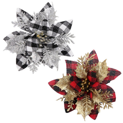 Gold Powder Plaid Christmas Flower Christmas Tree Decoration(Gray+Silver Leaf)-garmade.com