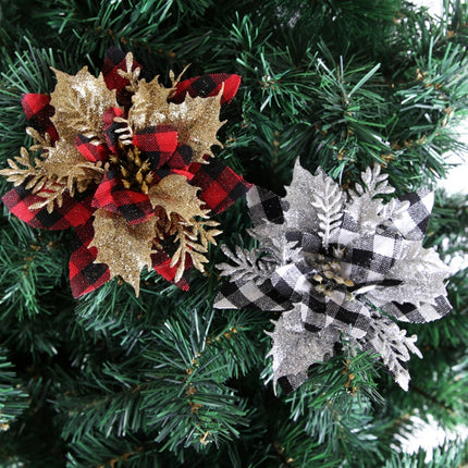 Gold Powder Plaid Christmas Flower Christmas Tree Decoration(Gray+Silver Leaf)-garmade.com