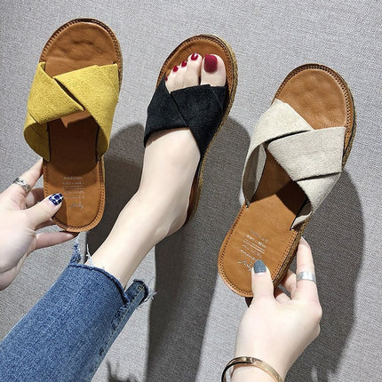 Summer Ladies Outdoor Flat Slippers, Size: 39(Yellow)-garmade.com