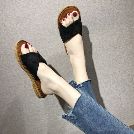 Summer Ladies Outdoor Flat Slippers, Size: 36(Black)-garmade.com