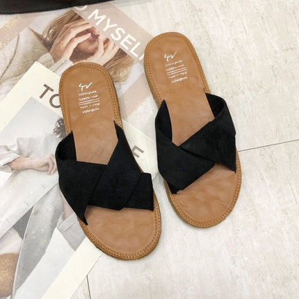 Summer Ladies Outdoor Flat Slippers, Size: 36(Black)-garmade.com