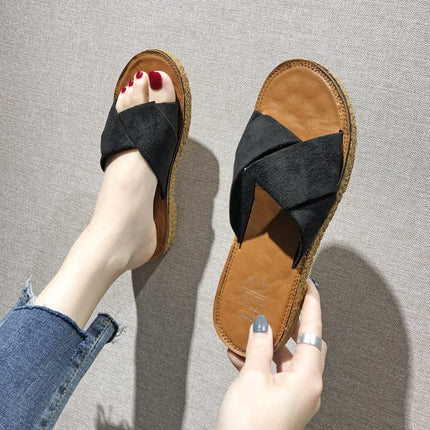 Summer Ladies Outdoor Flat Slippers, Size: 36(Black)-garmade.com