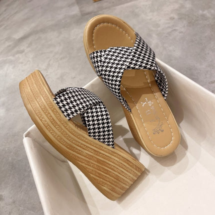 999 Ladies Wedge Platform Slippers, Size: 37(Houndstooth)-garmade.com