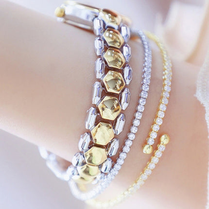 BS Bee Sister FA1691 Ladies Diamond Watch Jewelry Chain Watch(Golden Silver)-garmade.com