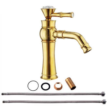 All Bronze Bathroom Basin Hot And Cold Water Faucet, Style: Gold Short Model+Water Inlet Pipe-garmade.com