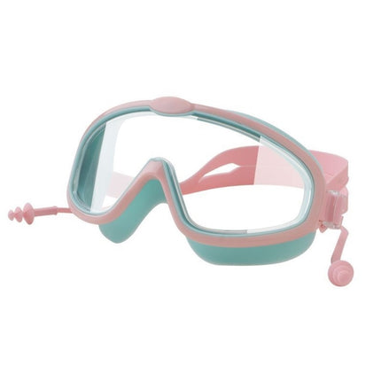 Children Anti-fog Large Frame Swimming Goggles With Conjoined Earplugs(Pink Green)-garmade.com