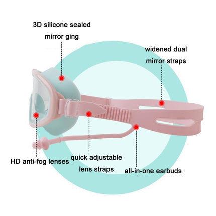 Children Anti-fog Large Frame Swimming Goggles With Conjoined Earplugs(Pink Green)-garmade.com