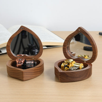 Wooden Heart Shape With Mirror Music Box Ornaments, Color: Walnut-Red Ancient Copper Movement-garmade.com
