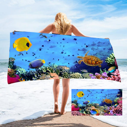 Seaside Portable Microfiber Beach Swim Printed Bath Towel 150x75cm(Turtle + Fish)-garmade.com