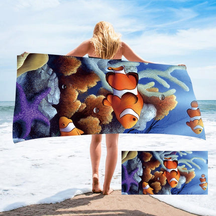 Seaside Portable Microfiber Beach Swim Printed Bath Towel 150x75cm(Clown Fish)-garmade.com